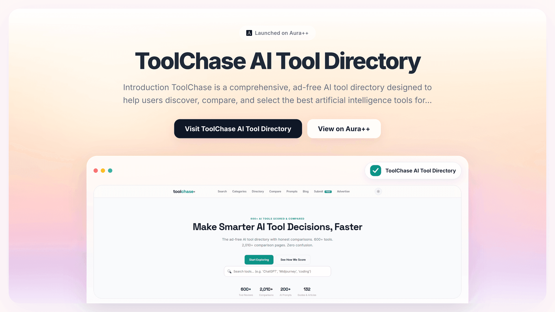 ToolChase AI Tool Directory launch story featured image on Aura++