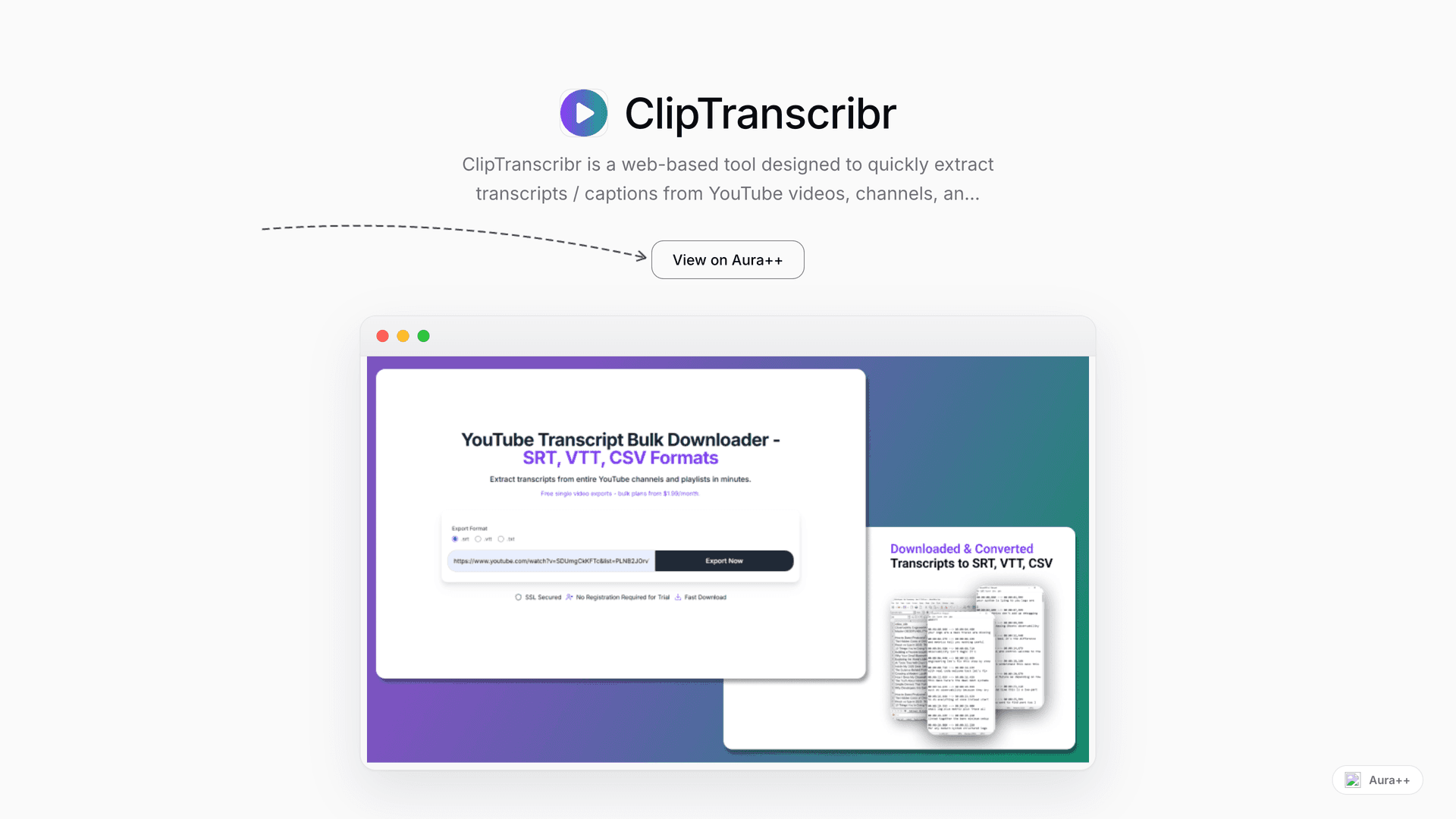 ClipTranscribr - YouTube Transcript Bulk Downloader launch story featured image on Aura++