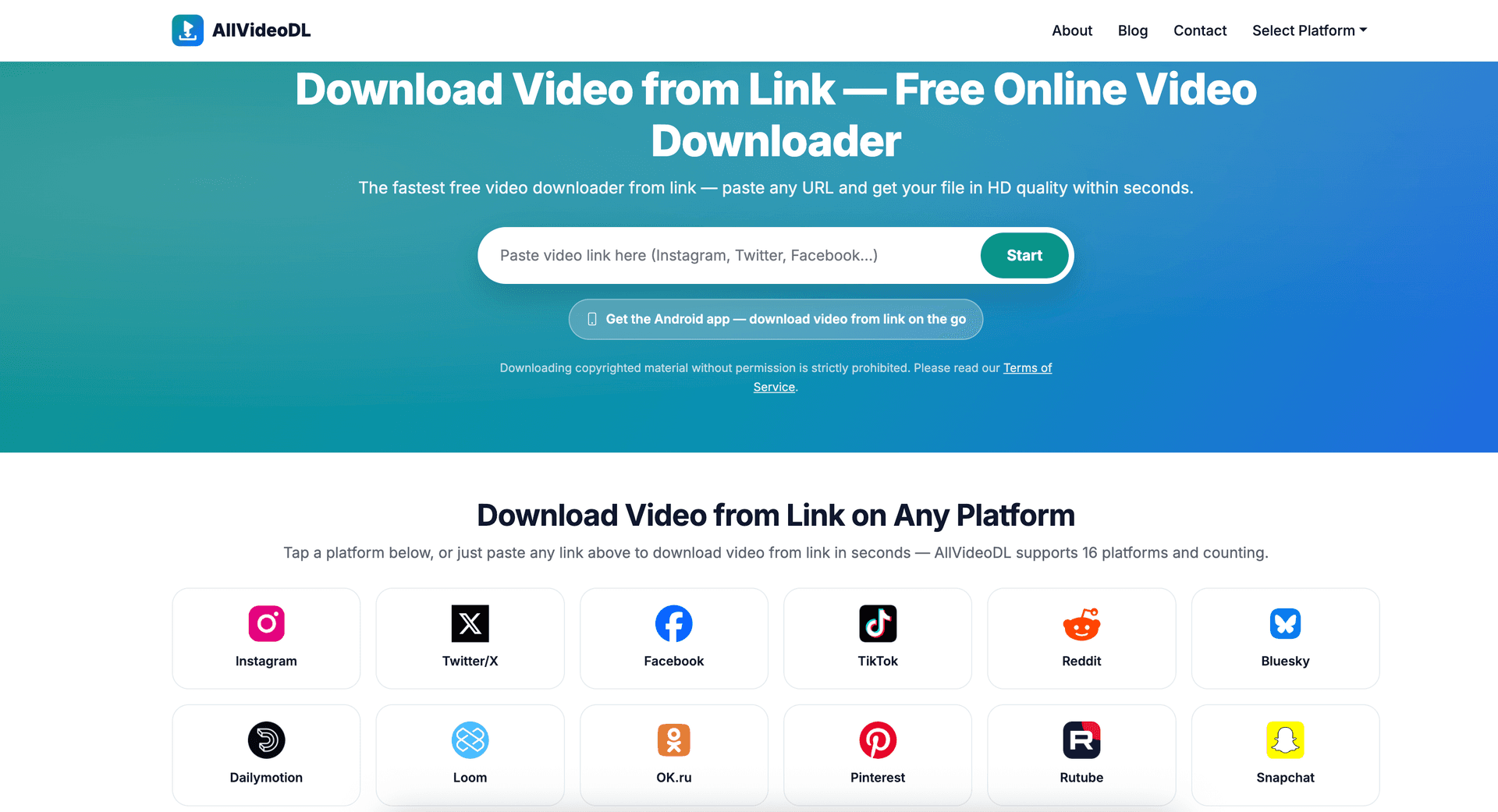 AllVideoDL - Free Online Video Downloader product preview for startup listing on Aura++