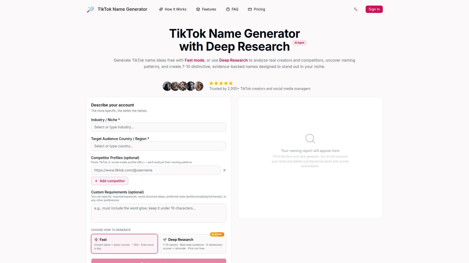 TikTok Name Generator Agent  product preview for startup listing on Aura++