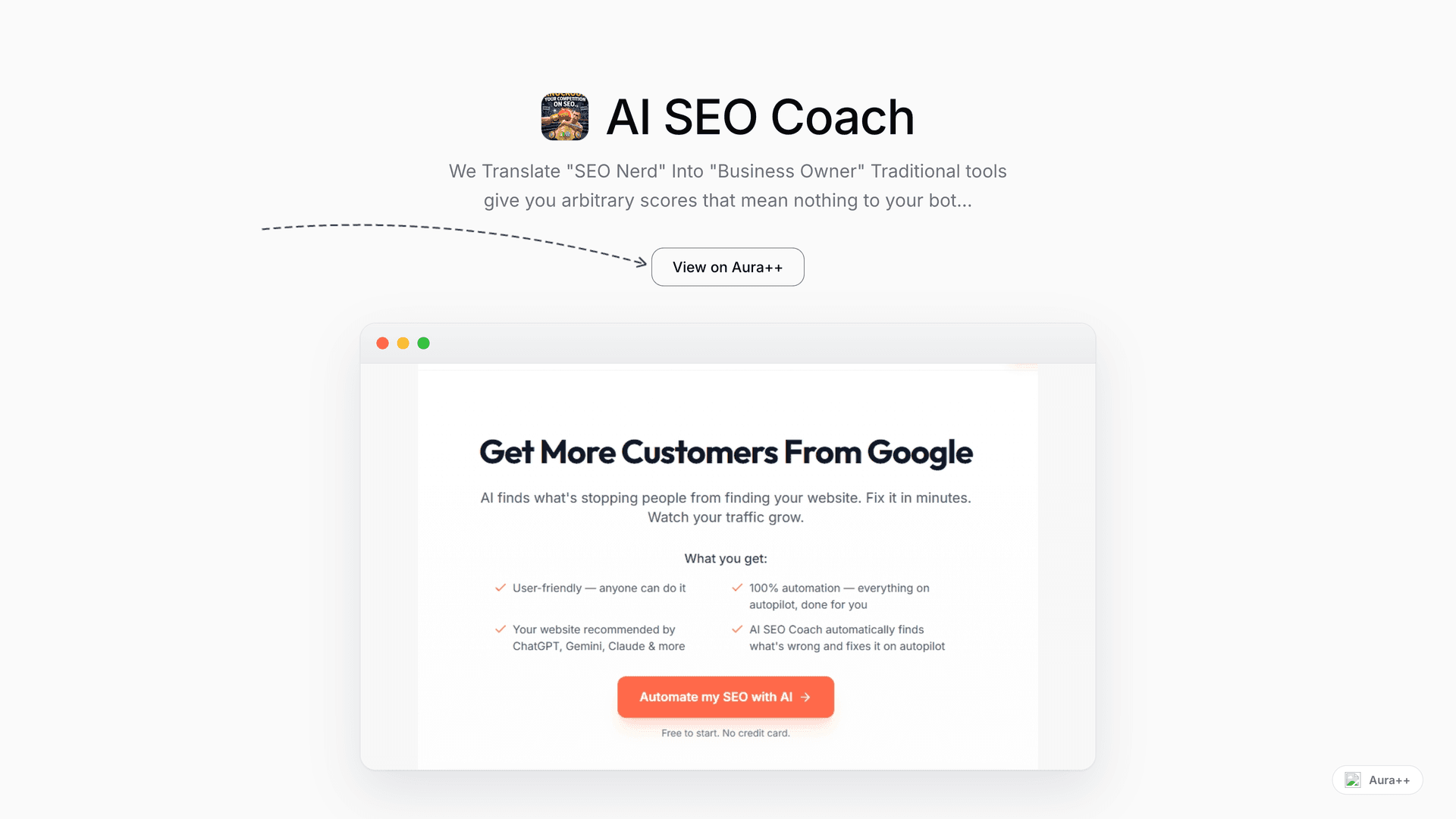 AI SEO Coach  launch featured image on Aura++