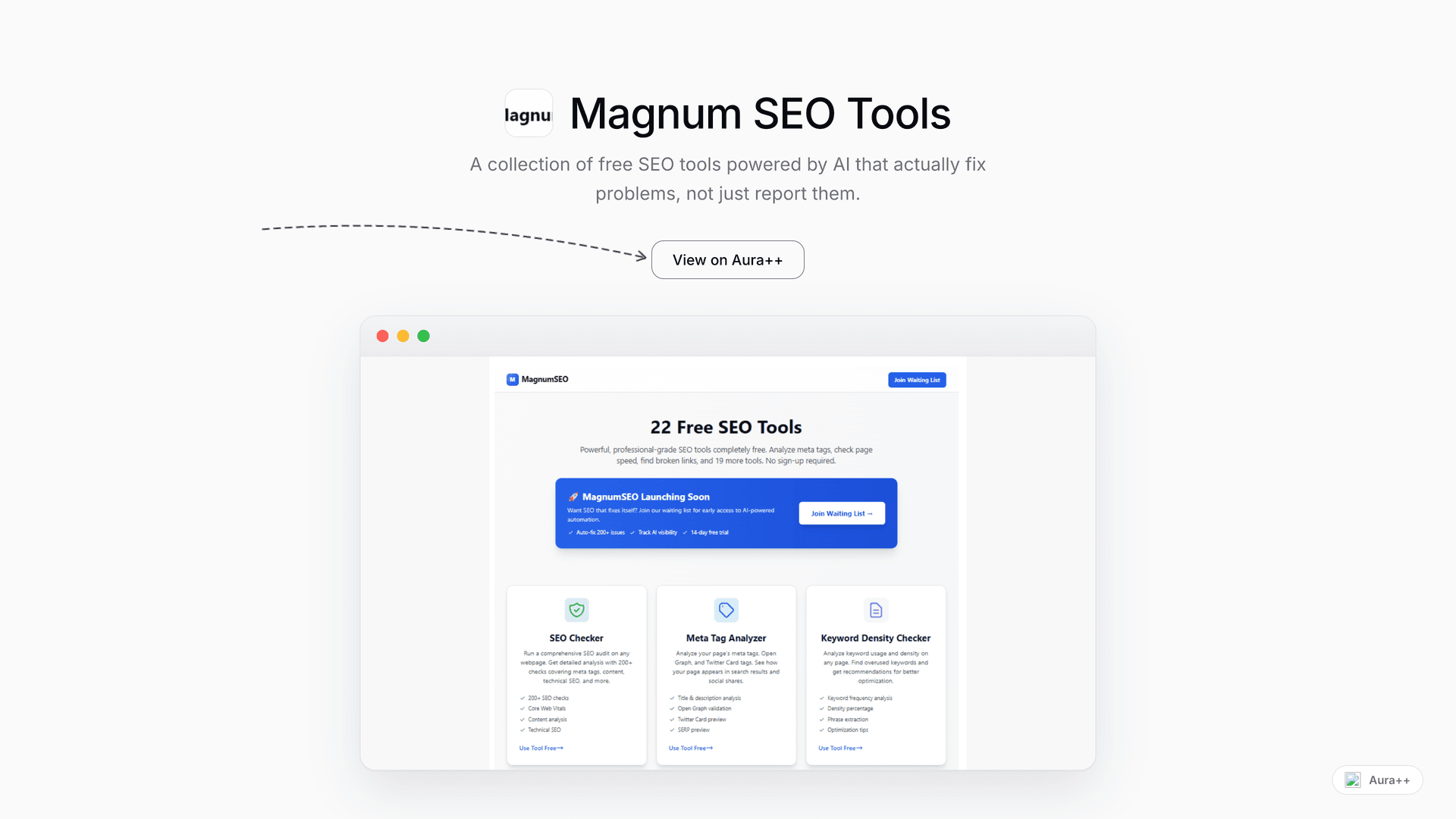 Magnum SEO Tools launch story featured image on Aura++