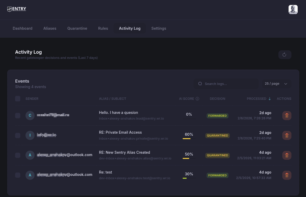 Sentry (wr.io) product preview for startup listing on Aura++
