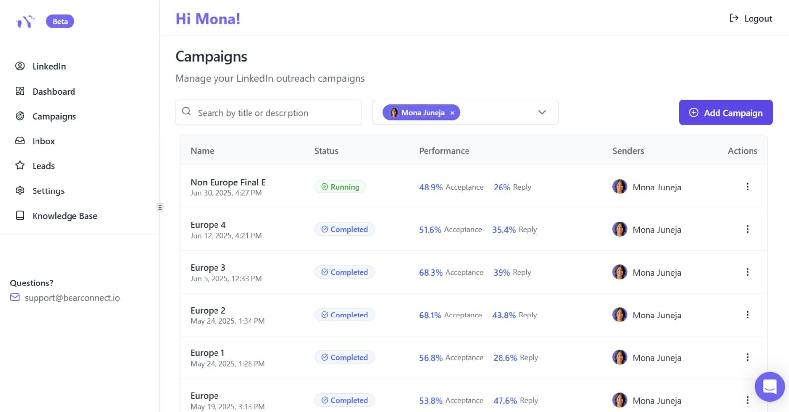 Bearconnect - LinkedIn Automation Platform product preview for startup listing on Aura++