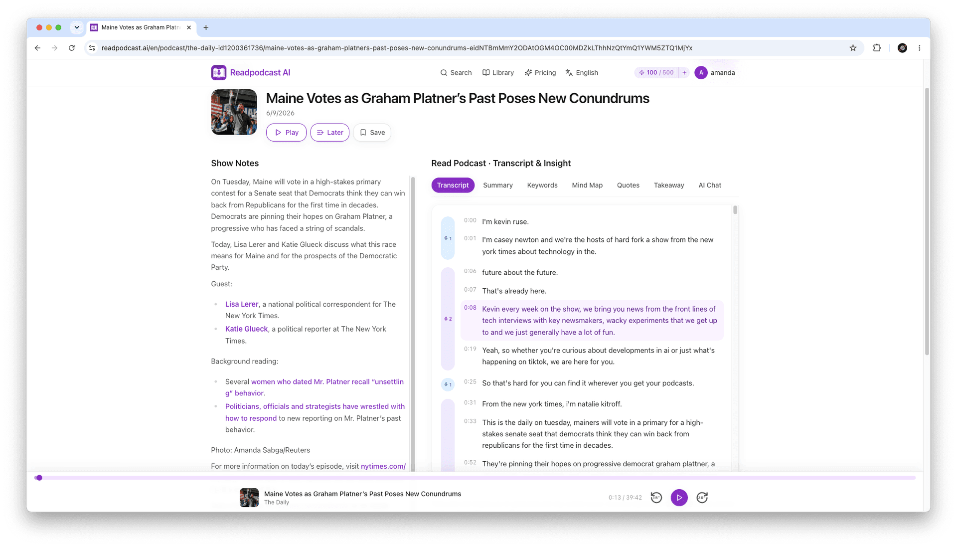 Readpodcast AI product preview for startup listing on Aura++
