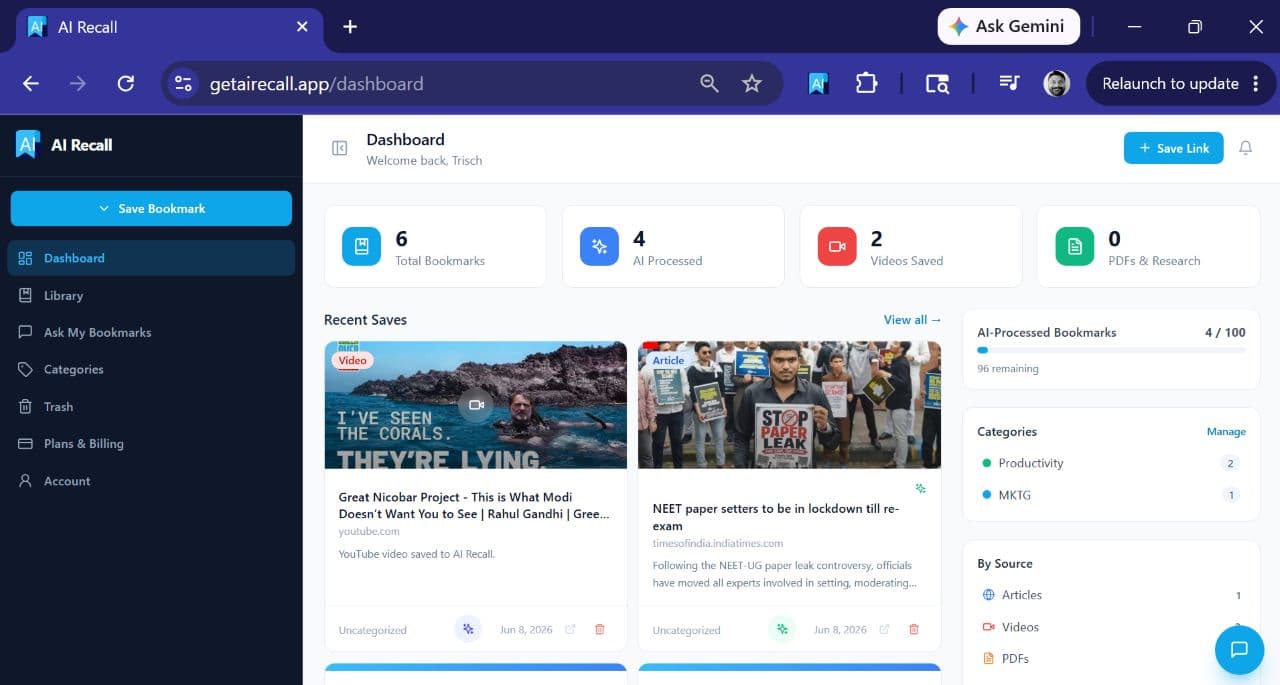 AI Recall product preview for startup listing on Aura++