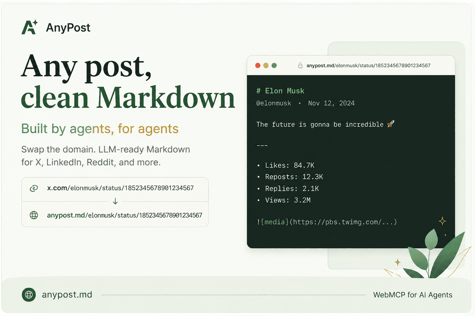 WebMCP for AI Agents: Any Social Post → Clean Markdown - Product Image