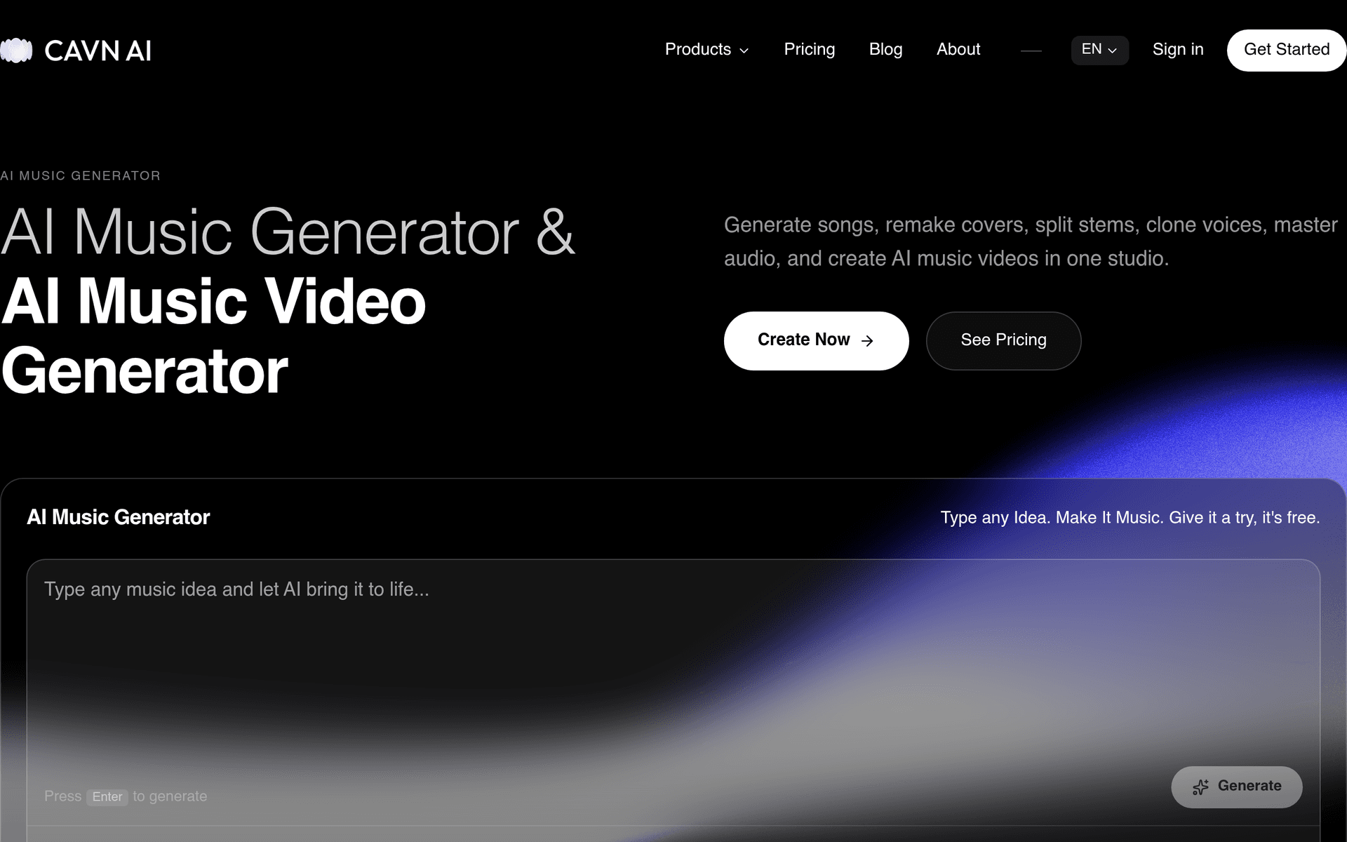 CAVN AI  AI Music Generator product preview for startup listing on Aura++