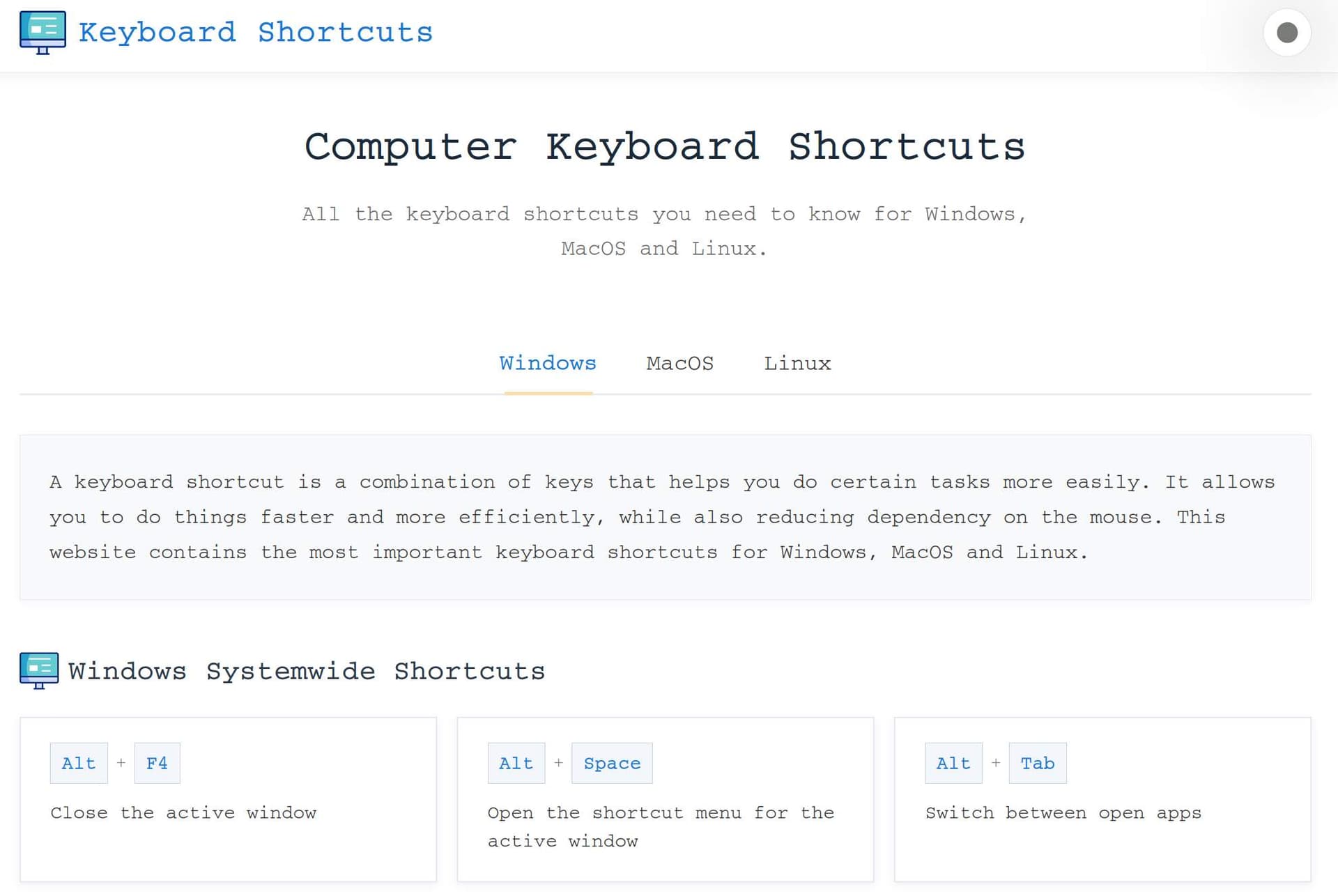 Online Keyboard Shortcuts product preview for startup listing on Aura++