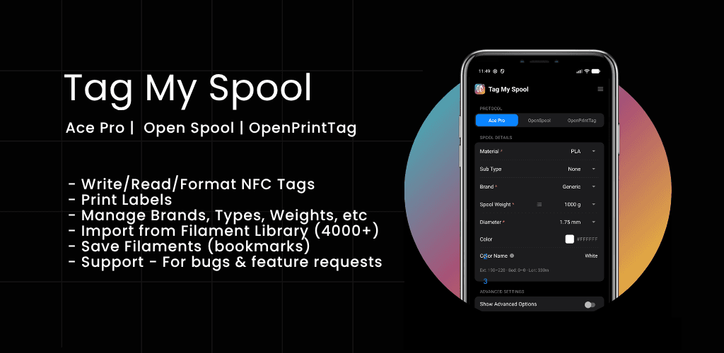 Tag My Spool – NFC Filament product preview for startup listing on Aura++