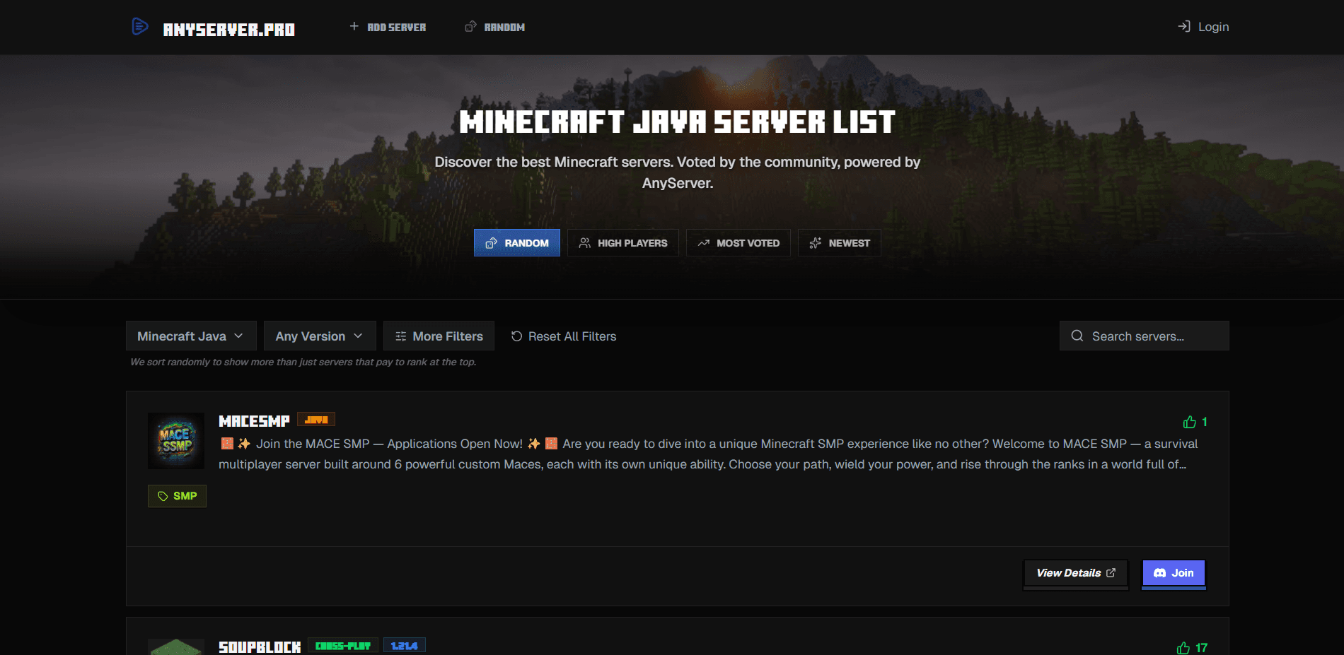 AnyServer.pro - Discover Top Minecraft & Discord Servers product preview for startup listing on Aura++