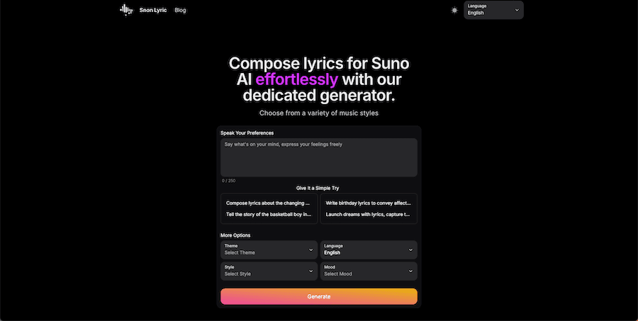 Snon AI Lyric Generator product preview for startup listing on Aura++