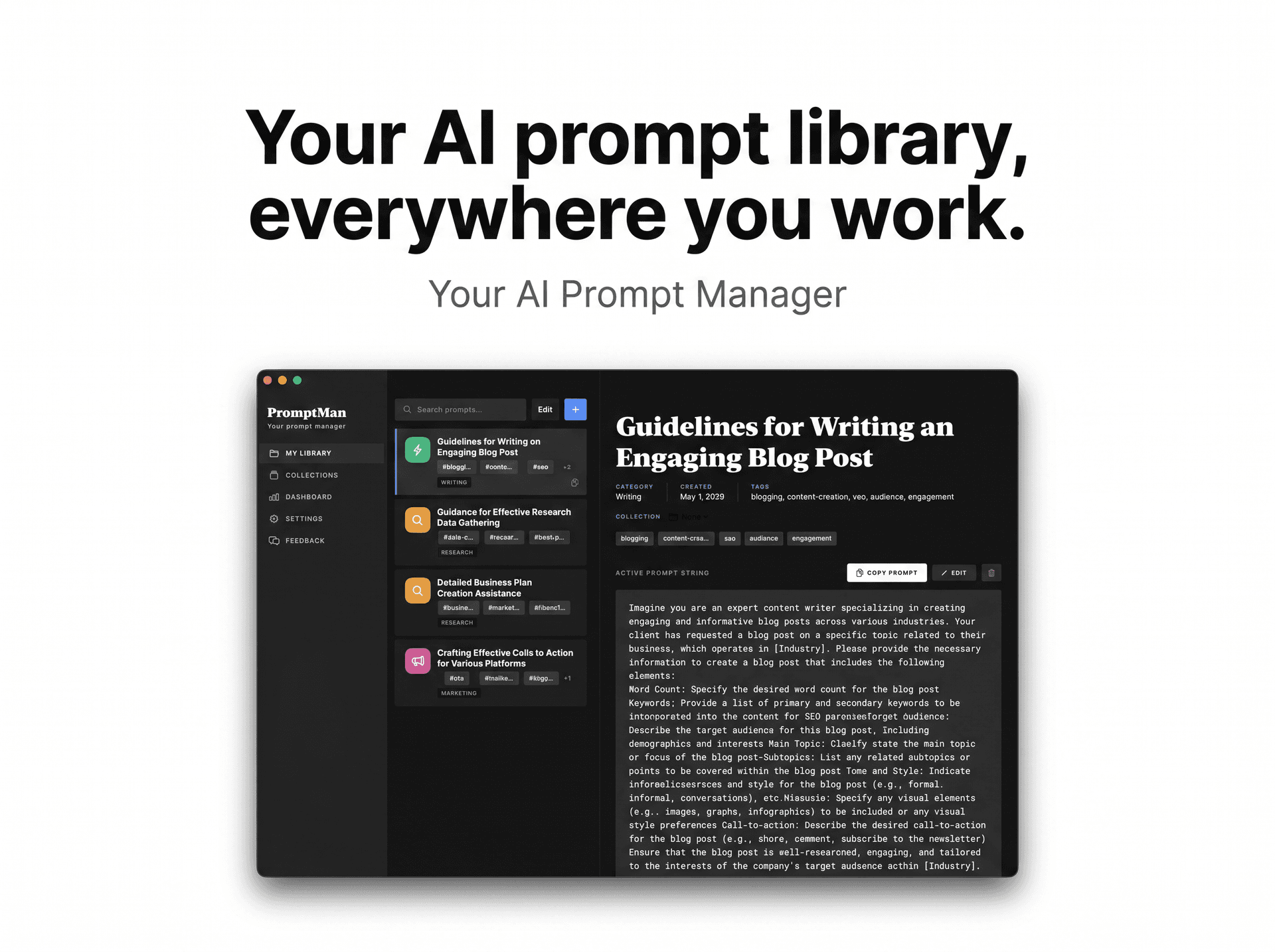PromptMan: AI Prompt Manager for Mac product preview for startup listing on Aura++
